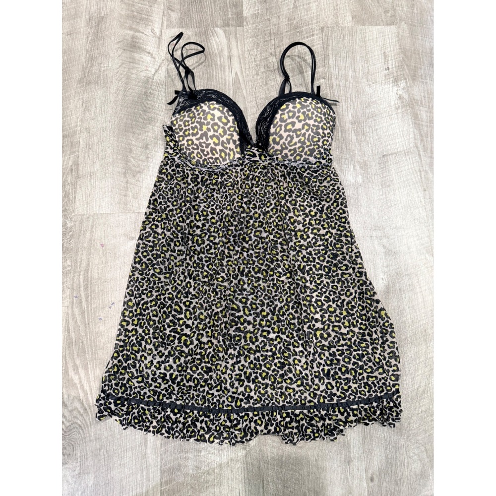 Adore Me Leopard Print Mesh Babydoll Chemise Neon Yellow Black Lace Trim Medium